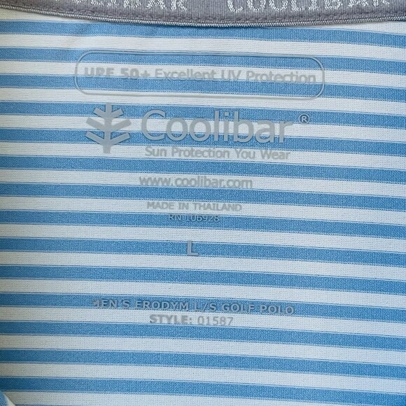 Coolibar Polo Shirt Mens Large Long Sleeve UPF 50 Golf Stripe Erodym Active Blue - Picture 4 of 11